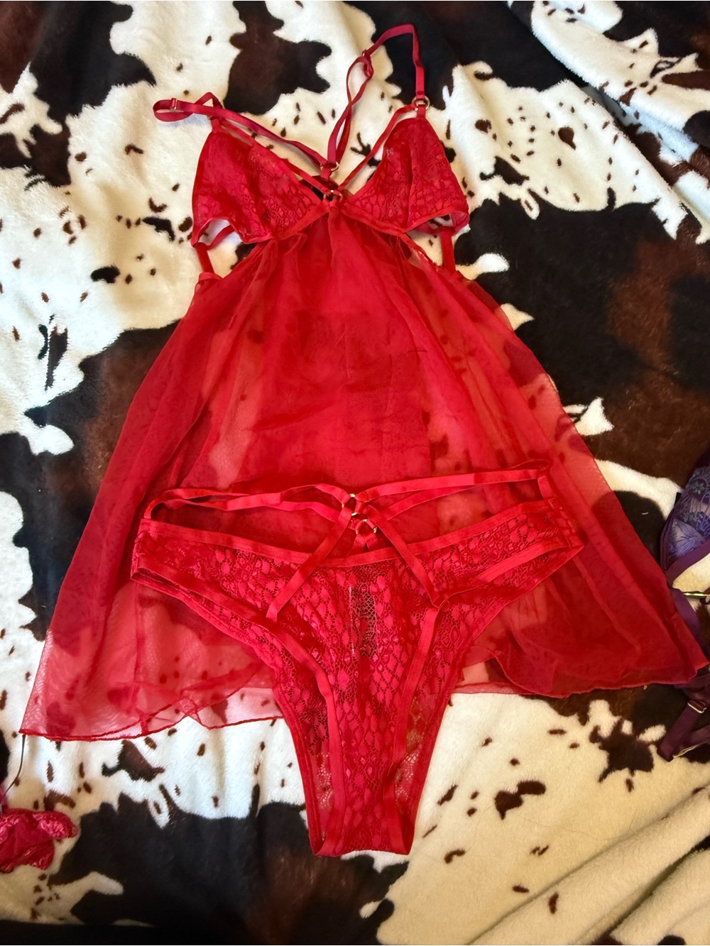 Victoria's Secret Red Lace & Sheer Babydoll Chemise Set